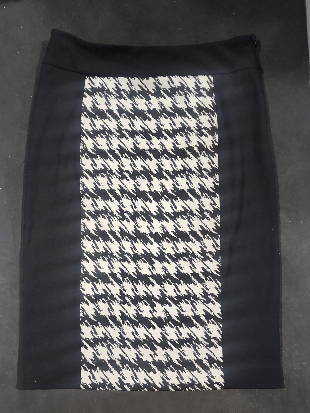 Grace Black Pencil Skirt with Monochrome Houndstooth Panel